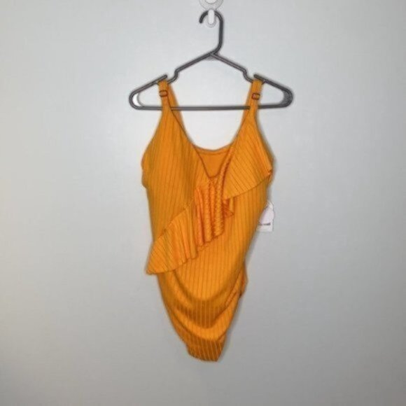 Everyday Sunday Women Yellow One-Piece Ruffle Ribbed Swimsuit Plus Size 3X - Picture 4 of 12